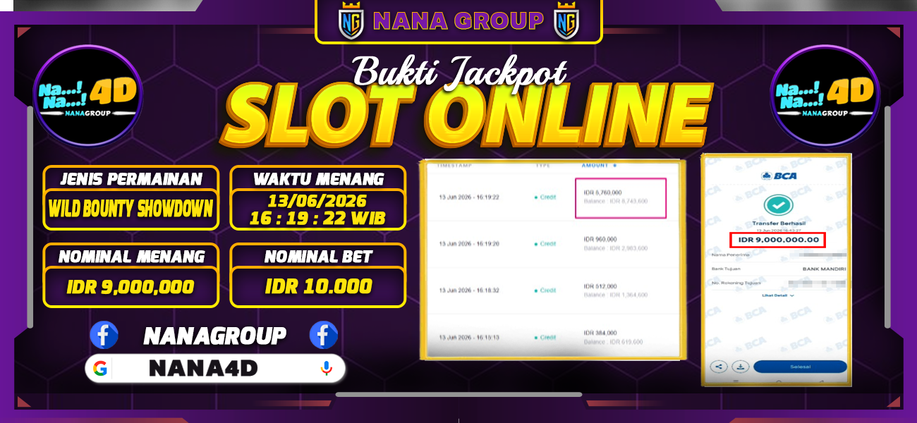 Bukti Kemenangan Besar Dibayar lunas Member NANA4D RP 9.000.000, 15 Juni 2026