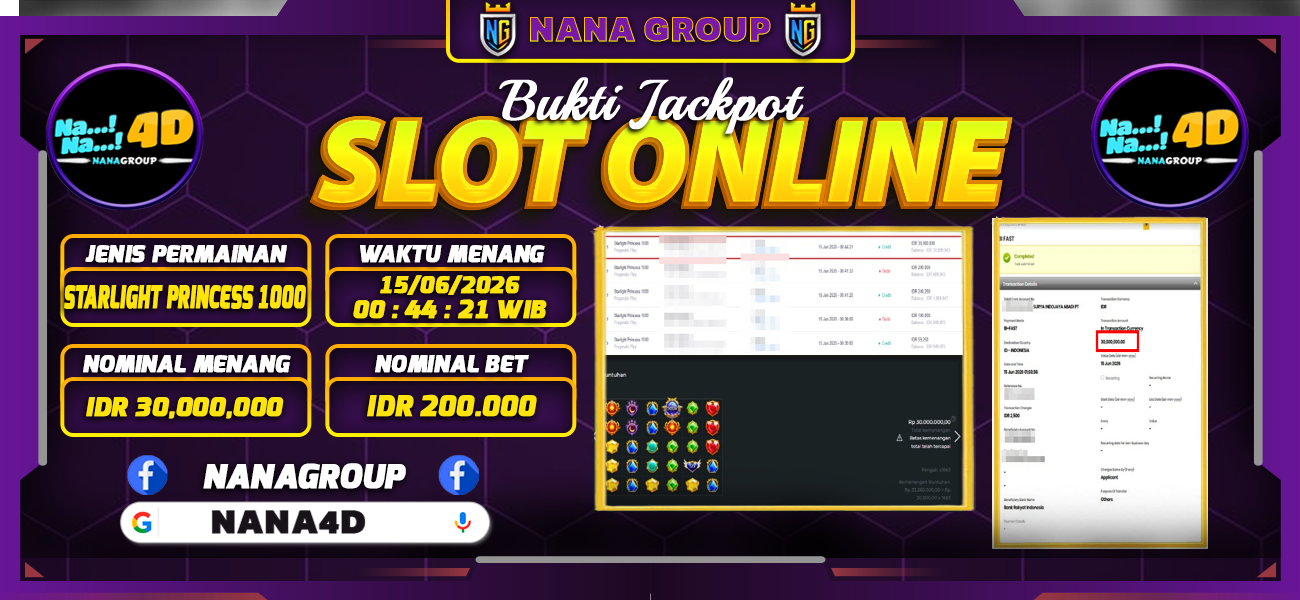 Bukti Kemenangan Besar Dibayar lunas Member NANA4D RP 30.000.000, 16 Juni 2026