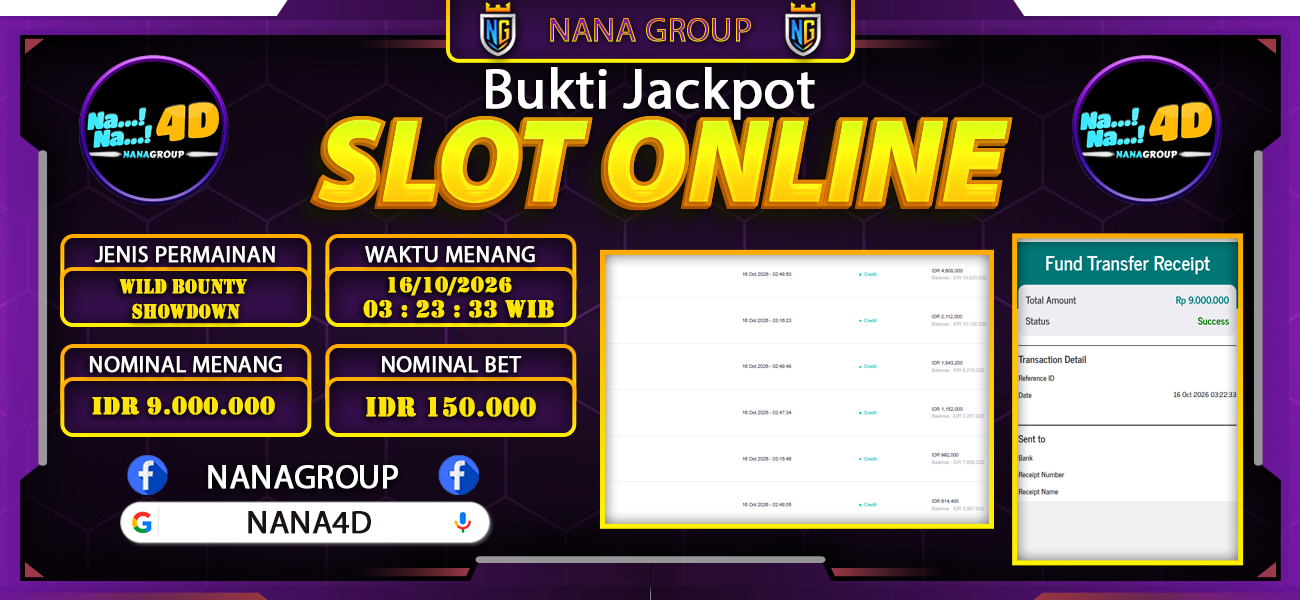 Bukti Kemenangan Besar Dibayar lunas Member NANA4D RP 9.000.000, 16 Oktober 2026