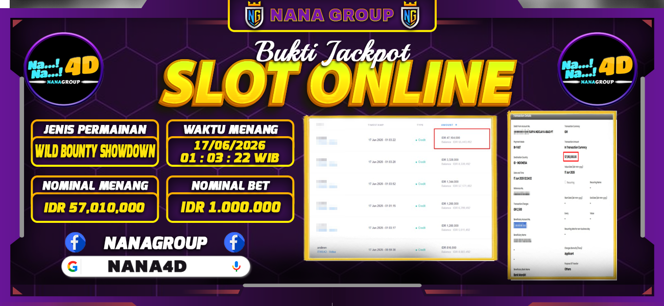 Bukti Kemenangan Besar Dibayar lunas Member NANA4D RP 57.010.000, 17 Juni 2026