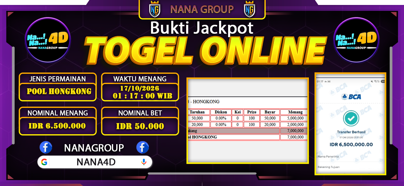 Bukti Kemenangan Besar Dibayar lunas Member NANA4D RP 6.500.000, 17 Oktober 2026