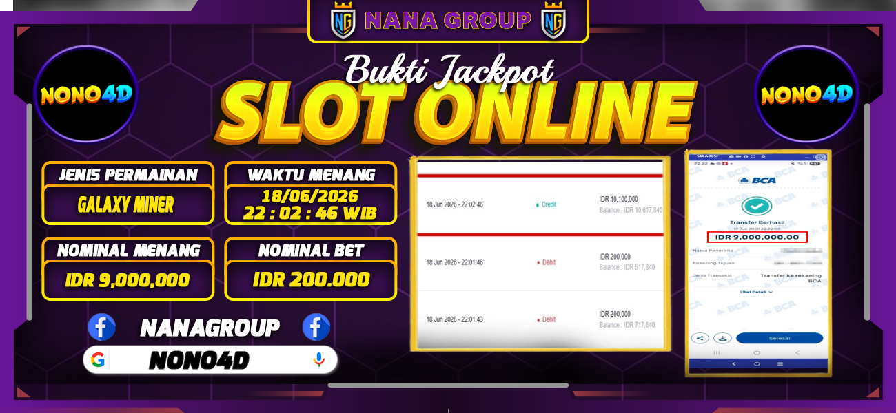 Bukti Kemenangan Besar Dibayar lunas Member NONO4D RP 9.000.000, 19 Juni 2026