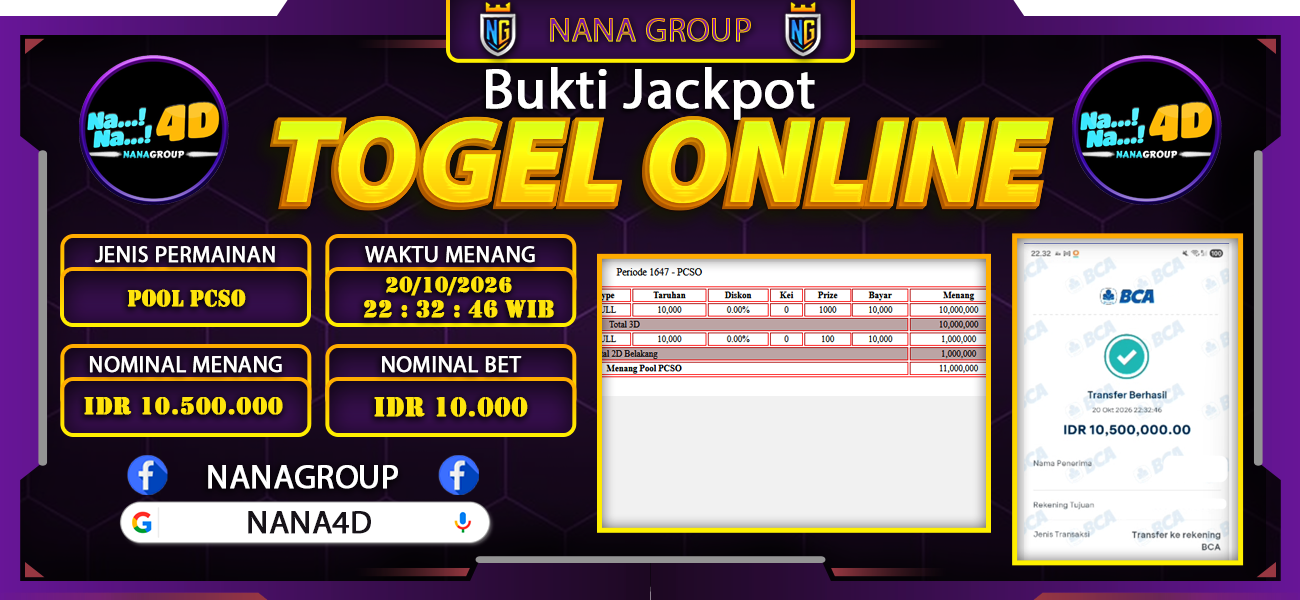Bukti Kemenangan Besar Dibayar lunas Member NANA4D RP 10.500.000, 20 Oktober 2026