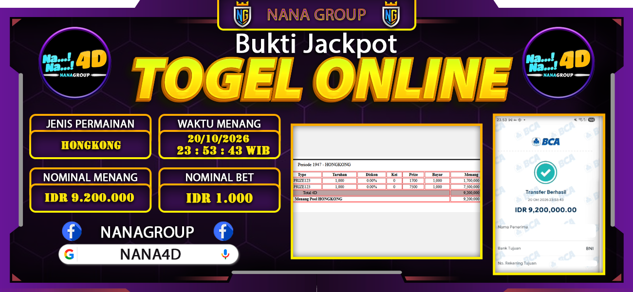 Bukti Kemenangan Besar Dibayar lunas Member NANA4D RP 9.200.000, 20 Oktober 2026