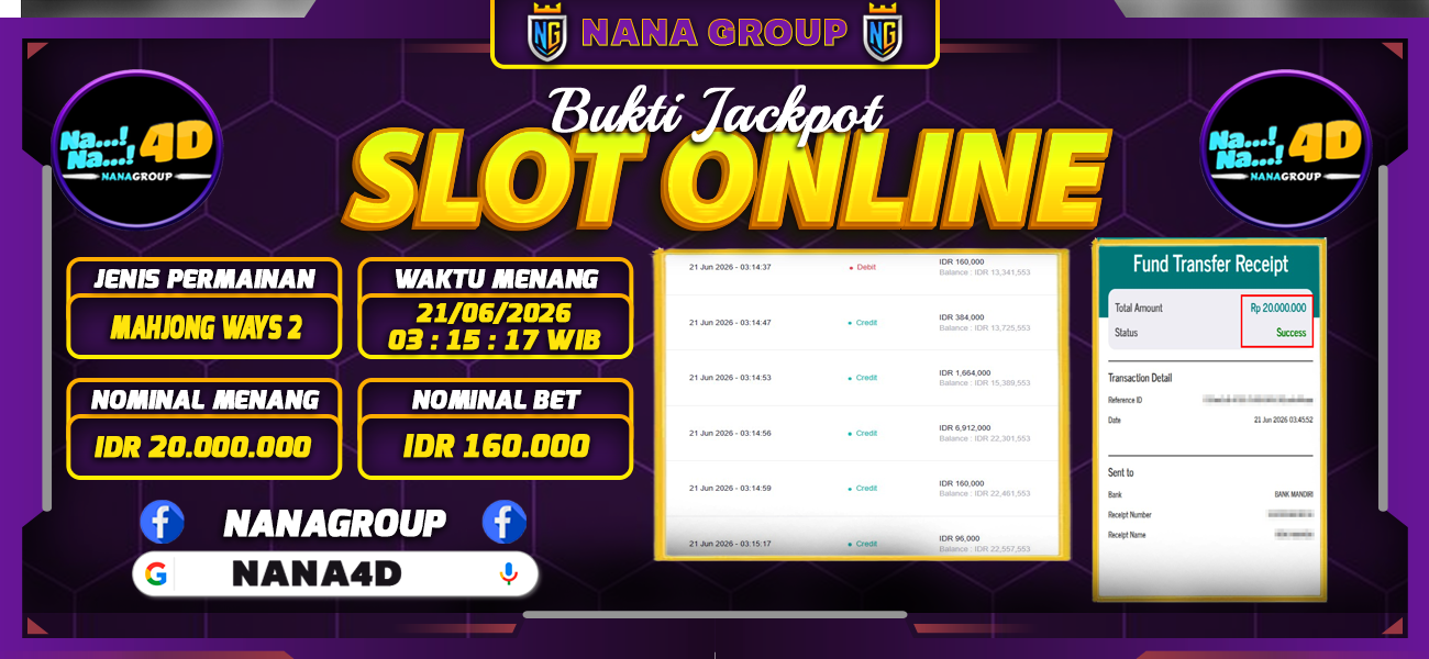 Bukti Kemenangan Besar Dibayar lunas Member NANA4D RP 20.000.000, 21 Juni 2026