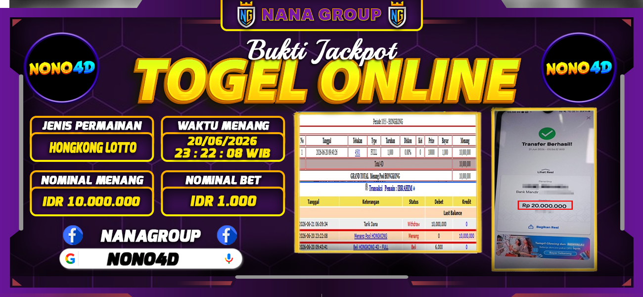 Bukti Kemenangan Besar Dibayar lunas Member NONO4D RP 10.000.000, 21 Juni 2026