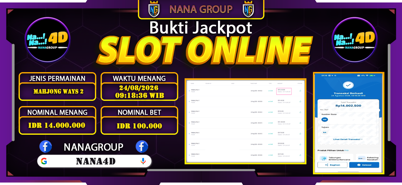 Bukti Kemenangan Besar Dibayar lunas Member NANA4D RP 14.000.000, 24 Agustus 2026
