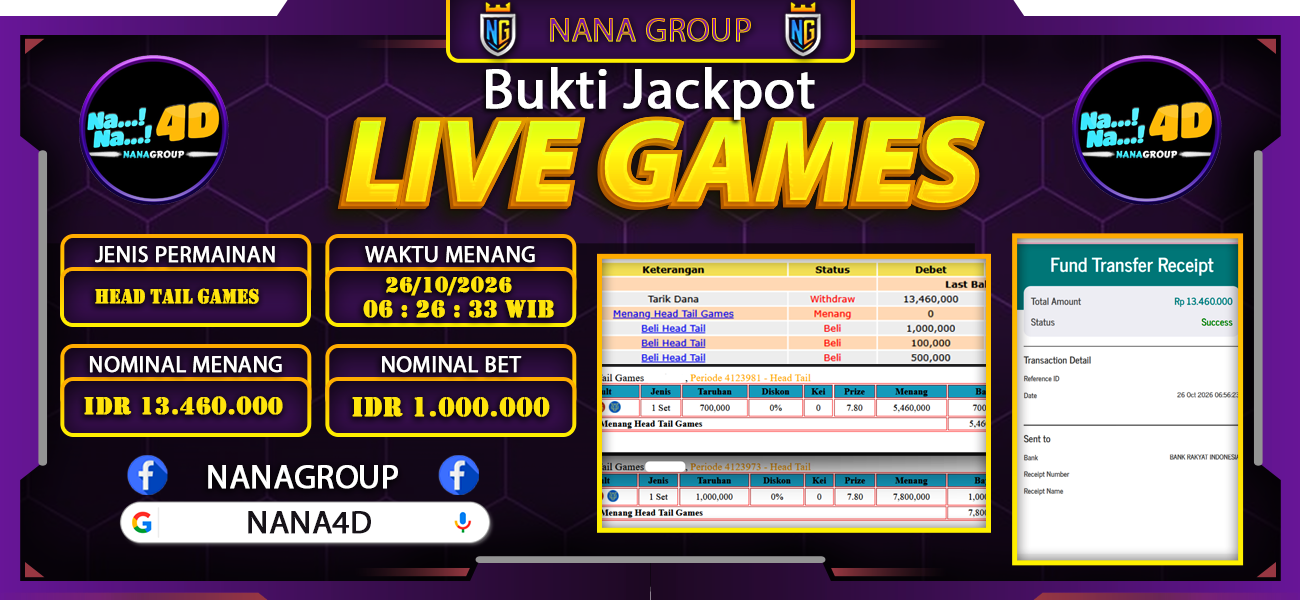 Bukti Kemenangan Besar Dibayar lunas Member NANA4D RP 13.460.000, 26 Oktober 2026