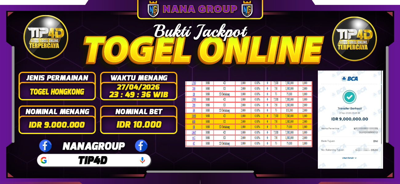 Bukti Kemenangan Besar Dibayar lunas Member TIP4D RP 9.000.000, 27 April 2026