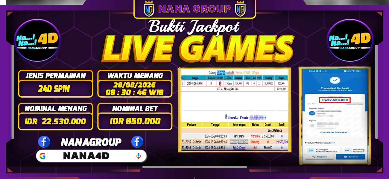Bukti Kemenangan Besar Dibayar lunas Member NANA4D RP 22.530.000, 28 Agustus 2026